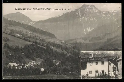 AK Krispl, Gaissau, Gasthaus mit Belegschaft, Ortsansicht mit Schmittenstein