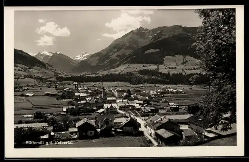 AK Mittersill, Ortsansicht g.d. Felbertal, Panorama mit Kirche und Bergen