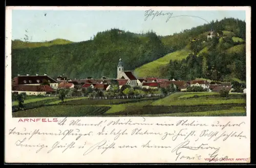 AK Arnfels, Ortspanorama mit Kirche und Hügeln