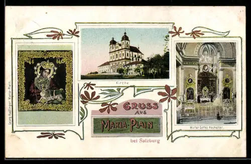 AK Maria Plain bei Salzburg, Gnadenbild, Kirche-Aussenansicht, Mutter Gottes Hochaltar
