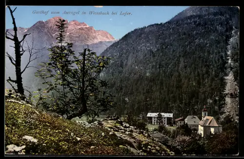 AK Weissbach bei Lofer, Gasthof zum Auvogel und Kirche im Bergtal