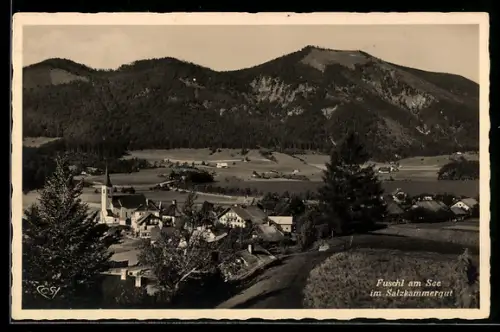 AK Fuschl am See, Panorama mit Ort und Kirche aus der Vogelschau