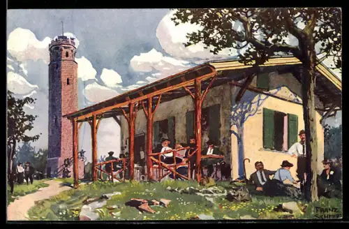 AK Weinbiet, Schutzhütte, Aussichtsturm, rastende Wanderer
