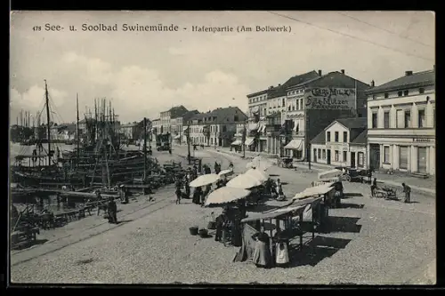 AK Swinemünde, Hafenpartie am Bollwerk