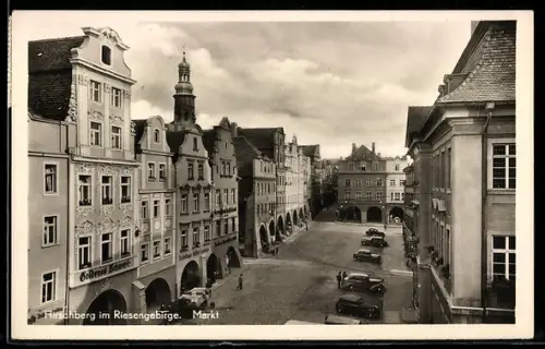 AK Hirschberg im Riesengebirge, Blick auf den Markt mit Gasthaus Goldenes Schwert