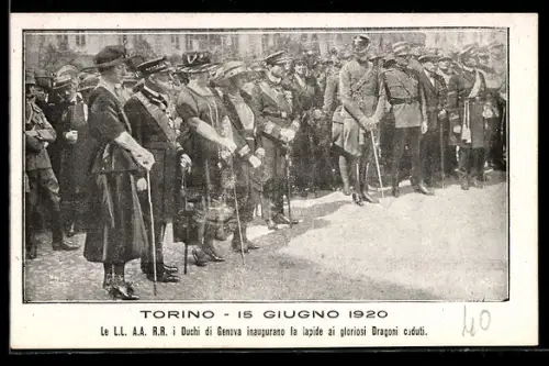 AK Torino, Inaugurazione della lapide ai Dragoni caduti da parte dei Duchi di Genova 1920