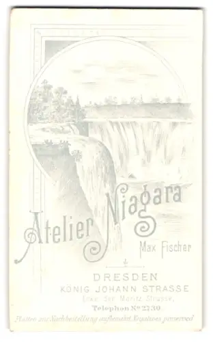 Fotografie Max Fischer, Dresden, König Johann Strasse, Niagara-Fälle mit Schriftzug Atelier Niagara