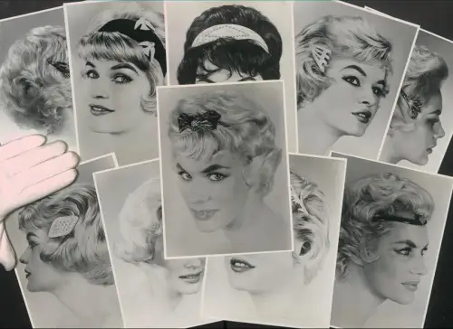 10 Fotografien Damen-Haarschmuck, Diademreifen mit Blattmotiv, Haarspangen mit Steinbesatz, Samtreifen mit Vögeln