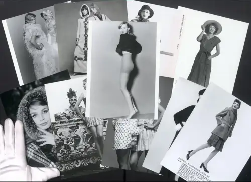 10 Fotografien Damenmode, Ensemble von Christian Dior mit Faltenrock und Wintermantel, Ken Scott-Kleid mit Spargelmuster