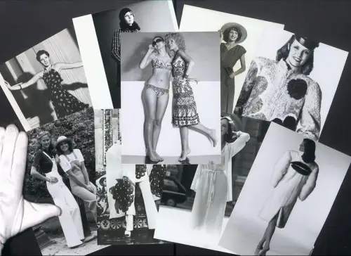 9 Fotografien Damenmode, Weisser Pelzmantel von Dior, Ensemble von Ken Scott mit Weintraubenmuster