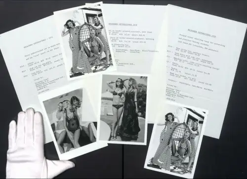 4 Fotografien Damenmode, Nelbarden Sommerkollektion 1978, Bikinis mit passenden Sommerkleidern und Taschen