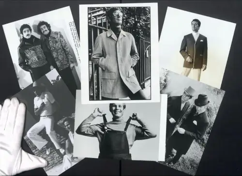 6 Fotografien Herrenmode, Freizeitsakko, Hosenträger Overall elastic, Sommerliches Ensemble mit Poloshirt und Hut