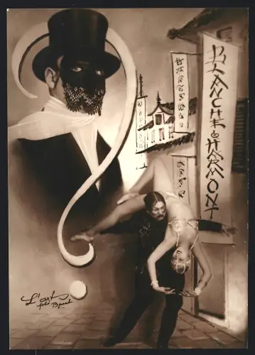 Fotografie L'Art, Budapest, Akrobatisches Chinesisches Tanzpaar Blanche & Harmont, geheimnisvoller Maskierter Mann
