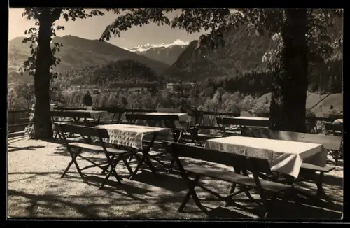 AK Bad Ischl, Dachsteinblick vom Restaurant Krall am Doppelblick, Terrasse mit Tischen