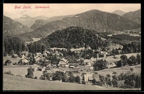 AK Bad Ischl, Hallenbach, Panorama mit Ort und Bergen