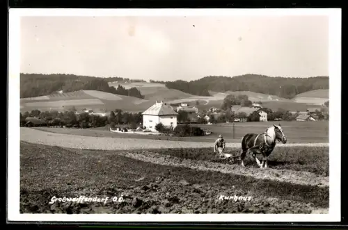 AK Mettmach /O. Ö., Grossweiffendorf, Kurhaus und Ortspanorama, Bauer mit Pflug