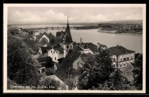 AK Obernberg am Inn, Ufer mit Innbrücke aus der Vogelschau
