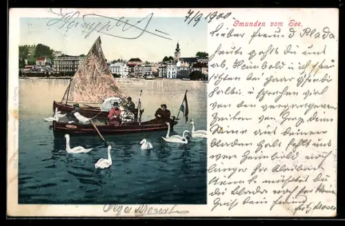 AK Gmunden, Ortsansicht vom See mit Boot und Schwänen