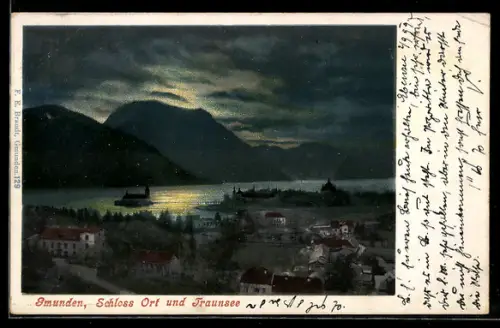AK Gmunden, Teilansicht mit Schloss Ort und Traunsee, Mondschein