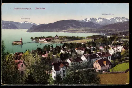 AK Gmunden /Salzkammergut, Ortsansicht mit Schloss Ort, See u. Höllengebirge