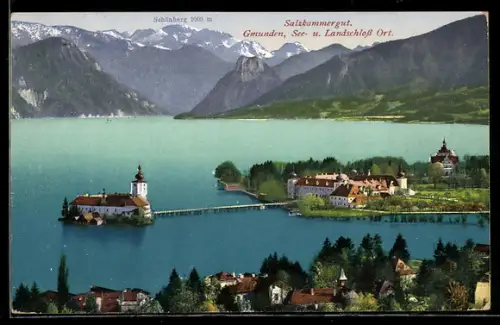AK Gmunden /Salzkammergut, Teilansicht mit See- und Landschloss Ort