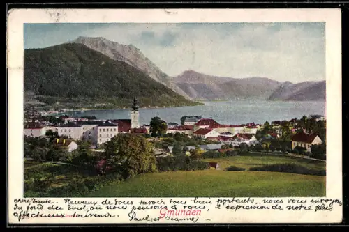 AK Gmunden, Ortspanorama mit See, Kirche und Gebirgspanorama