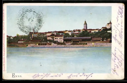 AK Enns, Ortspanorama mit Fluss und Kirchturm