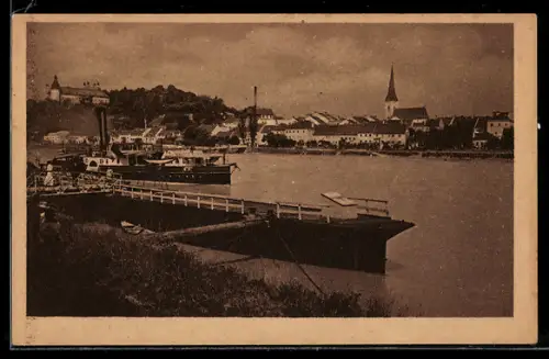 AK Ottensheim, Donaupartie mit Anlegestelle, Dampfschiff und Kirchturm