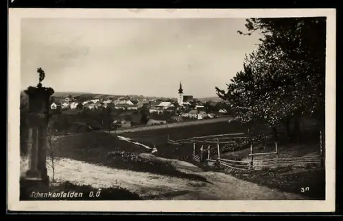 AK Schenkenfelden /O. Ö., Panorama mit Kirche, Säule
