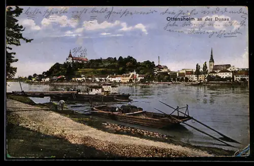 AK Ottensheim an der Donau, Donauufer mit Schiffen, Schloss und Kirche