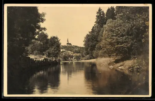 AK Gramastetten /O.Ö., An der Rodl, Flusspartie mit Kirche