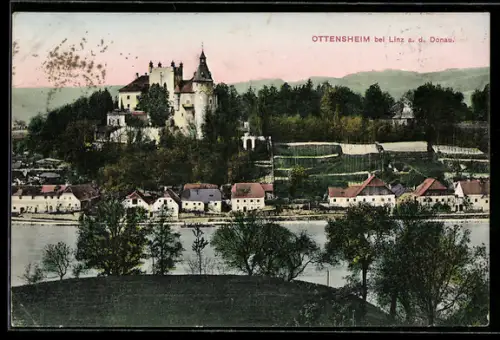 AK Ottensheim bei Linz, Ortspanorama mit Schloss und Donau