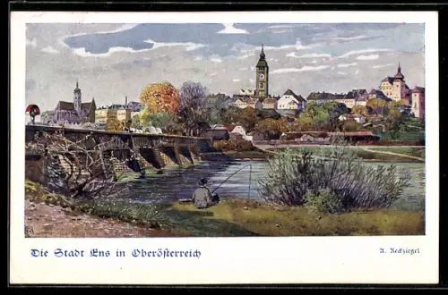 Künstler-AK Enns /Oberösterreich, Ortsansicht mit Brücke
