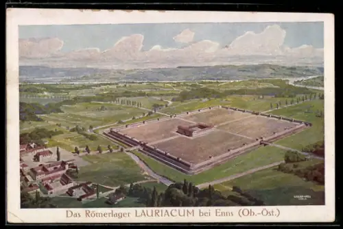 Künstler-AK Enns, Römerlager Lauriacum aus der Vogelschau