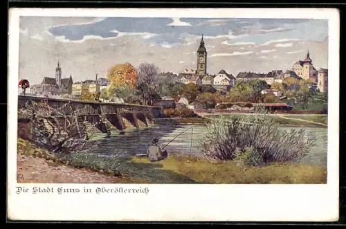 Künstler-AK Enns /Oberösterreich, Panorama mit Fluss, Brücke und Ortsansicht