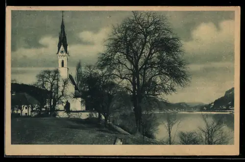 AK Puchenau im Donautal, Kirche an der Donau mit Uferpartie
