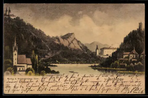 Künstler-AK Puchenau, Panorama mit See, Schloss und Kirche