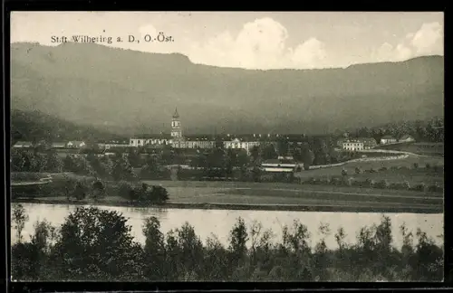 AK Stift Wilhering a. D., Panorama mit Donau und Kirche