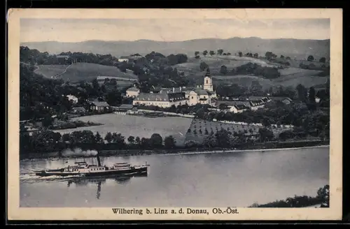 AK Wilhering b. Linz a. d. Donau, Panorama mit Ort und Donau