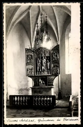 AK Grünbach bei Freistadt, Kirche Sankt Michael, Innenansicht mit Flügelaltar