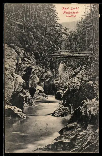 AK Bad Ischl, Rettenbachwildnis, Schlucht mit Bach und Holzbrücke