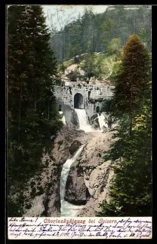 AK Goisern, Chorinskyklause, Wasserfall mit Steinbrücke