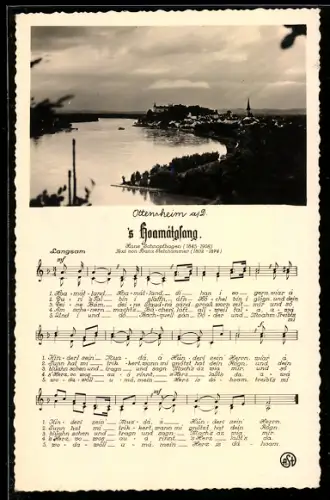 AK Ottensheim an der Donau, Panorama mit Donau und Kirche, Liedtext `s Hoamatglang