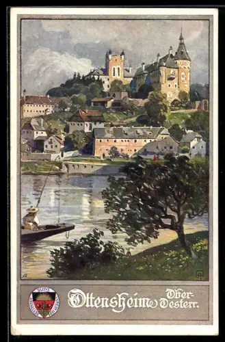 AK Ottensheim /Ob. Öst., Panorama mit Schloss und Donaupartie