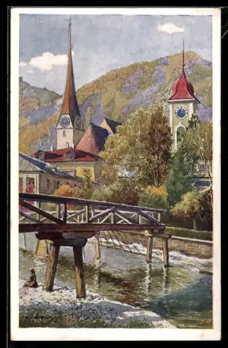 AK Ischl, Traunkai mit Holzbrücke und Kirchtürmen