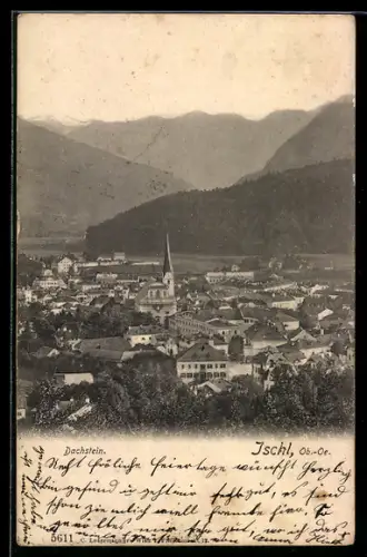 AK Ischl /Ob.-Oe., Panorama mit Kirche und Dachstein