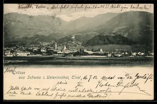 AK Schwaz i. Unterinntal, Ortspanorama mit Kirche und Bergkulisse