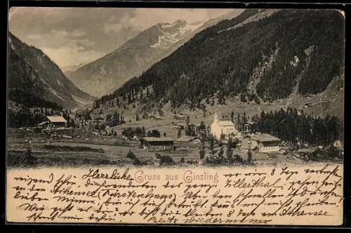 AK Ginzling, Talansicht mit Kirche und Gebirgspanorama