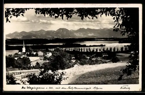AK Taching am See, Wagingersee i. Obb., Panorama mit Kirche, See und den Salzkammergut Alpen
