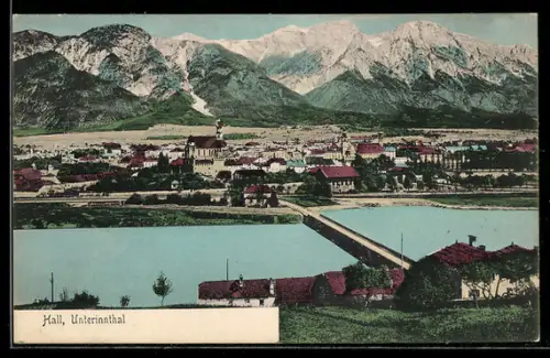 AK Hall /Unterinnthal, Panorama mit Brücke und Kirche